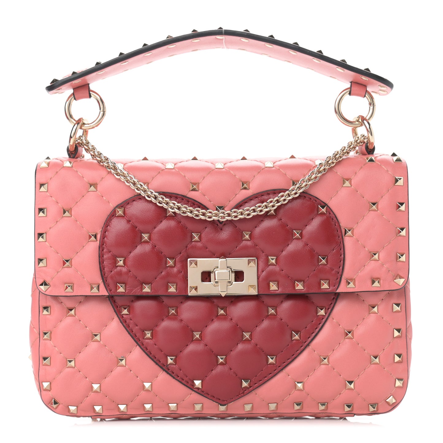 Nappa Quilted Heart Medium Rockstud Spike Shoulder Bag Paradise Rose Red