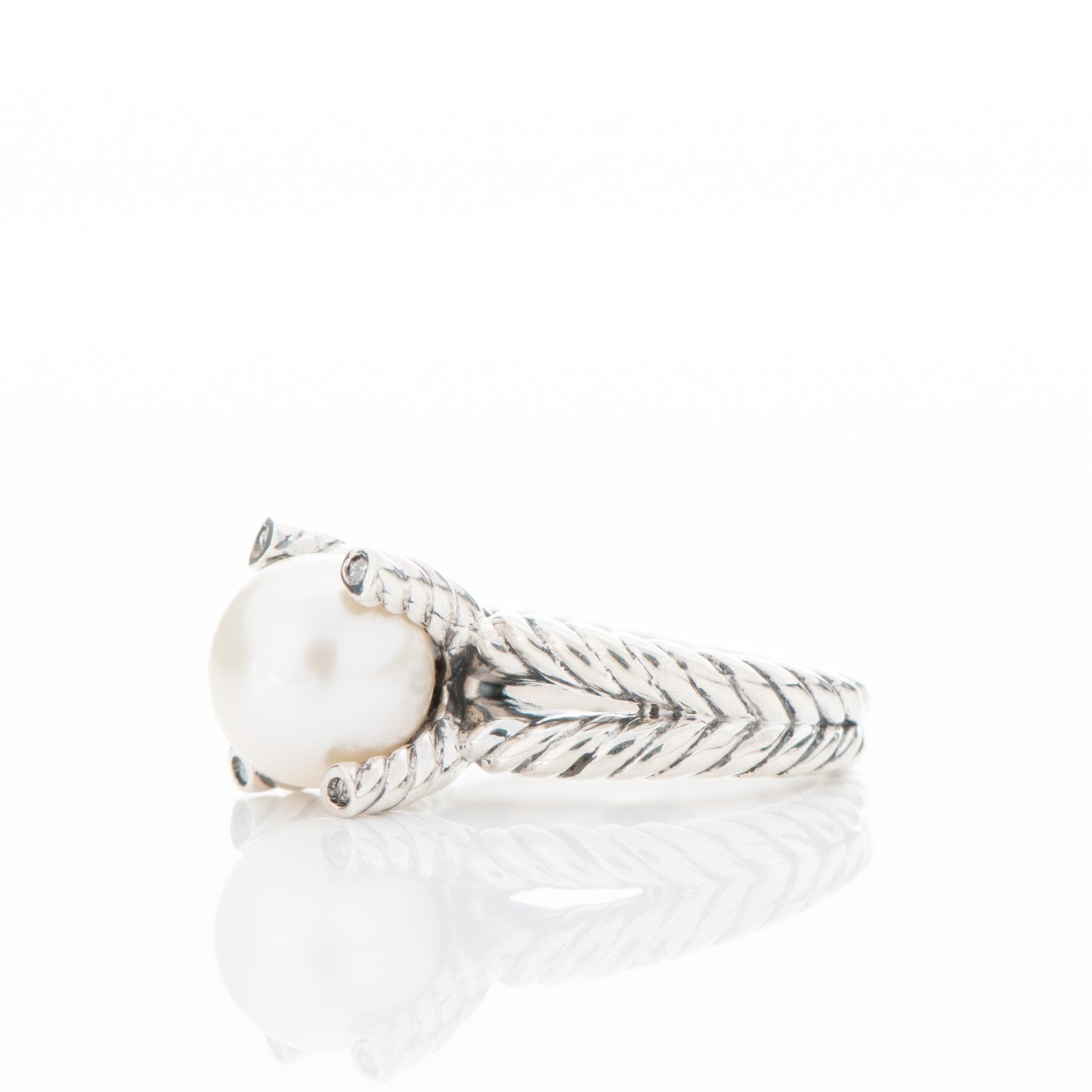 David Yurman Sterling Silver Pave Diamond 10mm Pearl Cable Ring 6.25 3 of 5