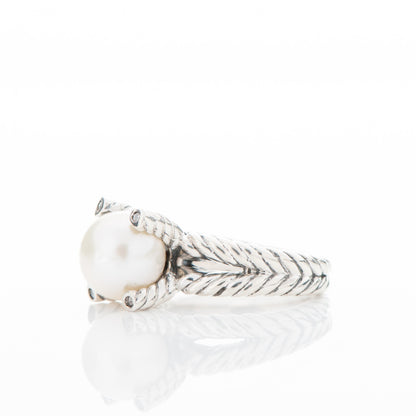 David Yurman Sterling Silver Pave Diamond 10mm Pearl Cable Ring 6.25 3 of 5