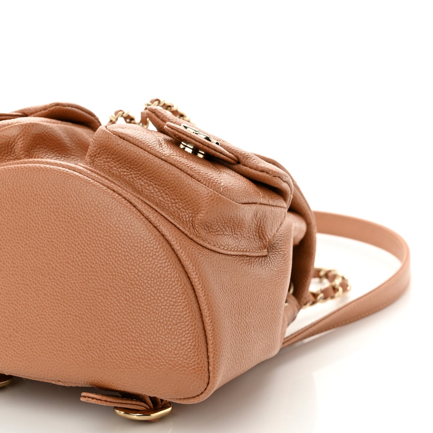Shiny Caviar Quilted Small Duma Pockets Drawstring Backpack Dark Beige