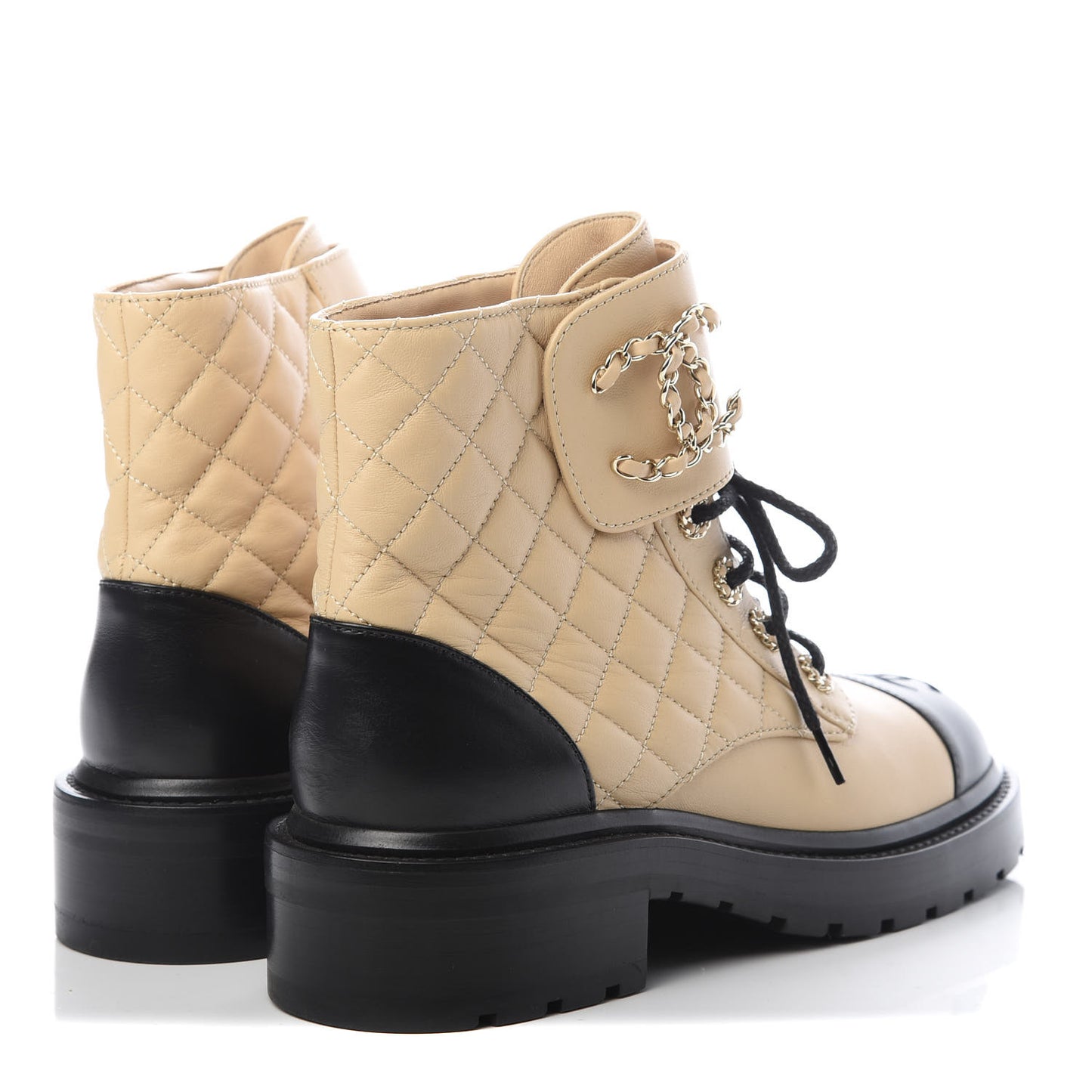 Shiny Lambskin Quilted Lace Up Combat Boots 37.5 Beige Black