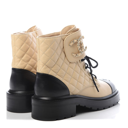 Chanel Shiny Lambskin Quilted Lace Up Combat Boots 37.5 Beige Black 4 of 7