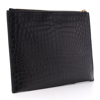 Saint Laurent Calfskin Crocodile Embossed Tiny Monogram Zipped Tablet Holder Black 3 of 7