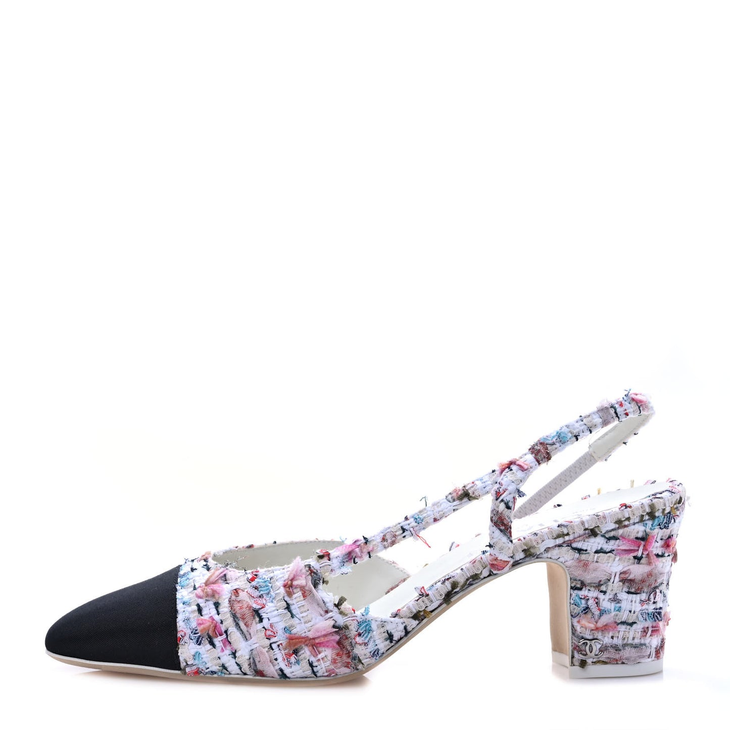 Tweed Lambskin Cap Toe CC Slingback Pumps 41 White Multicolor