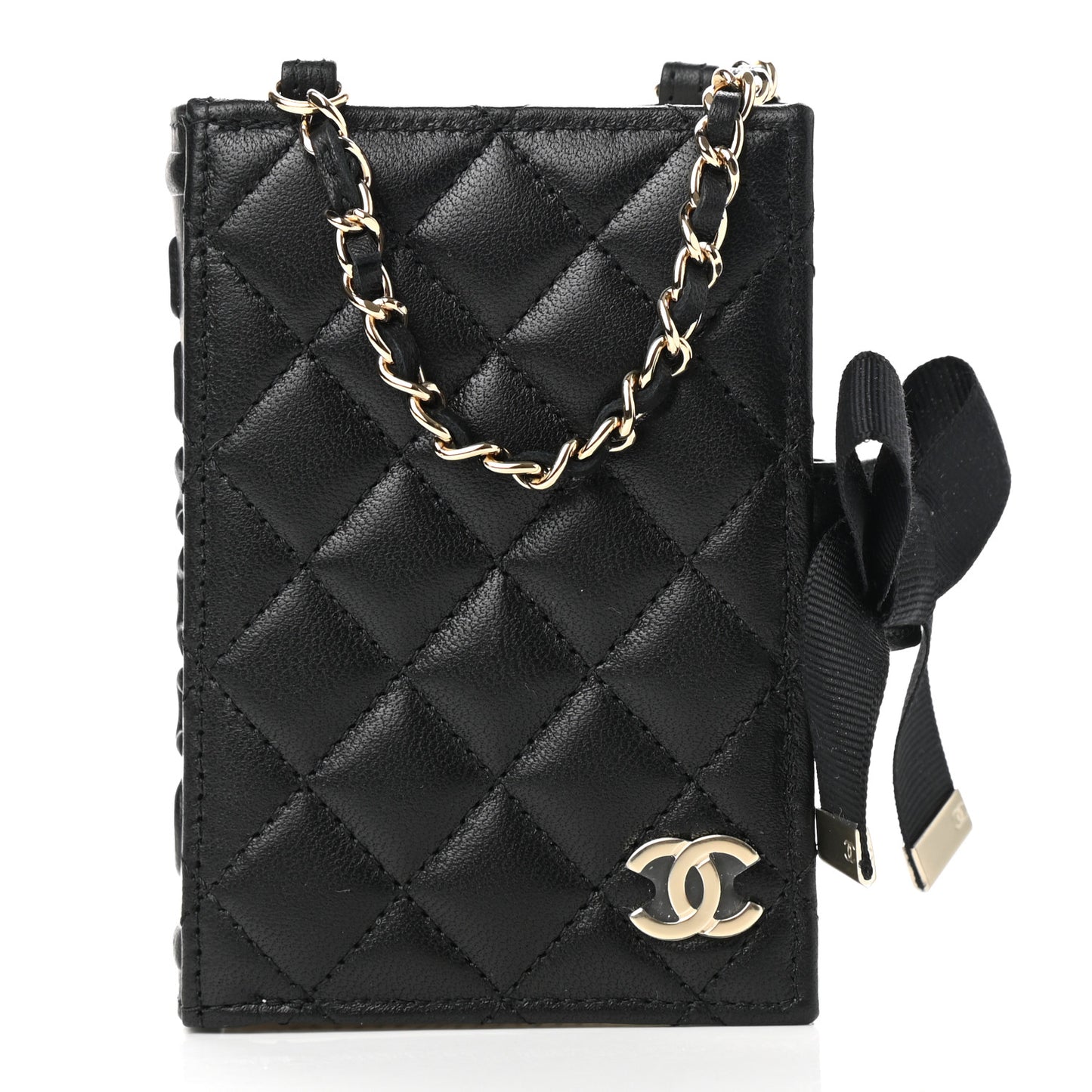 Lambskin Quilted Book Card Holder on Chain Black