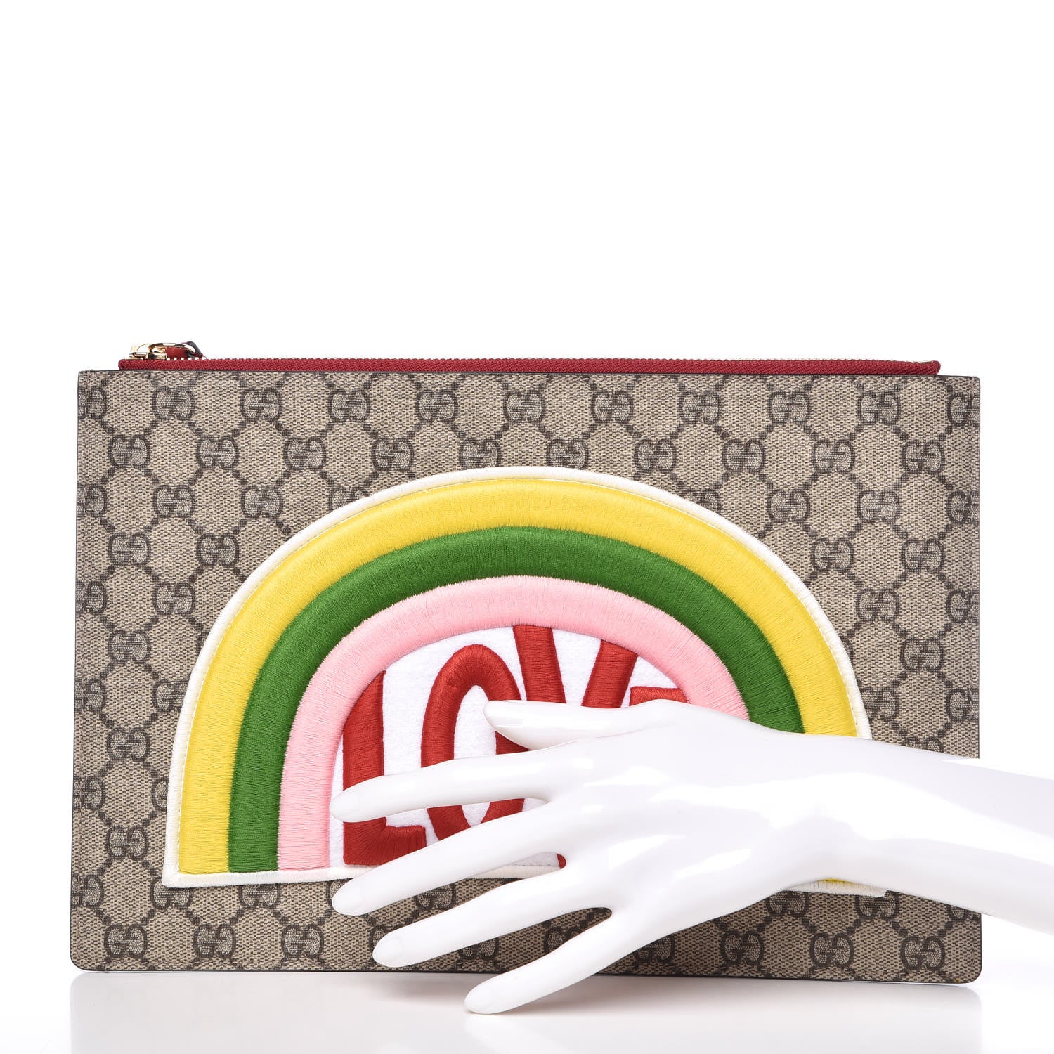 Gucci Calfskin GG Supreme Monogram Embroidered Rainbow Love Zip Pouch Red 2 of 10