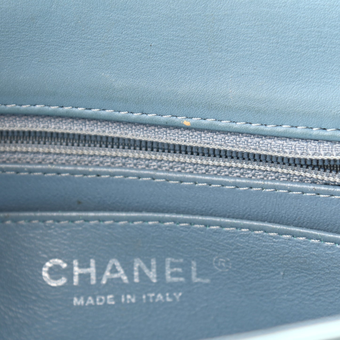 Patent Calfskin Quilted Mini Rectangular Flap Light Blue