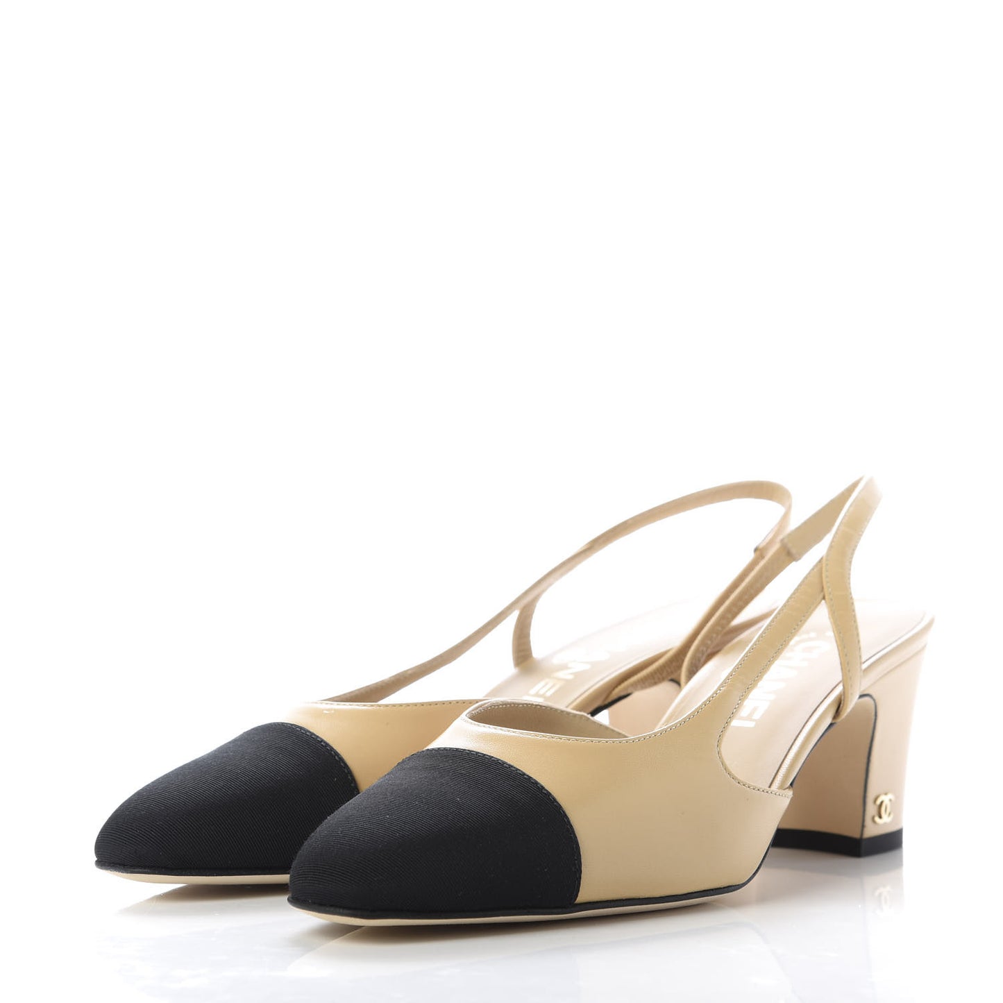 Goatskin Grosgrain Cap Toe CC Slingback Pumps 36.5 Beige Black