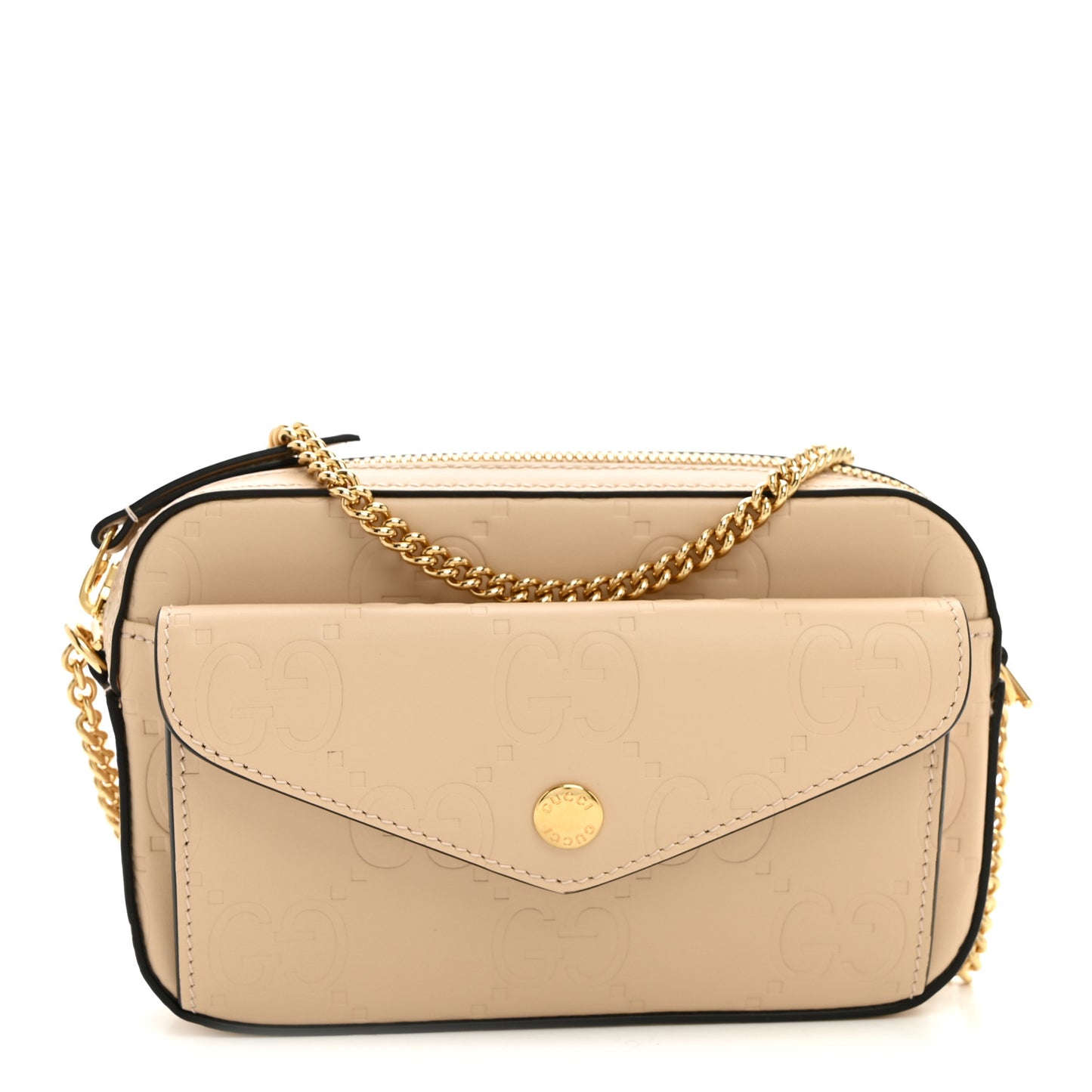 Calfskin GG Super Mini Debossed Chain Wallet Light Beige