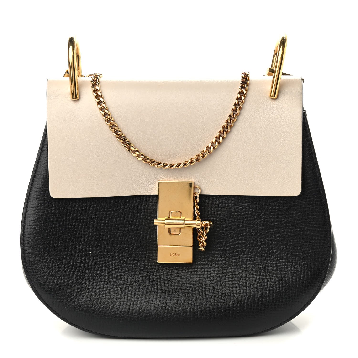 Chloe Grained Calfskin Lambskin Mini Bi-Color Drew Shoulder Bag Black Powder Beige 1 of 9