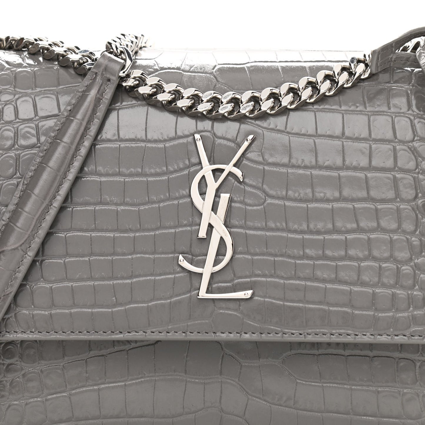 Calfskin Crocodile Embossed Medium Monogram Sunset Fog