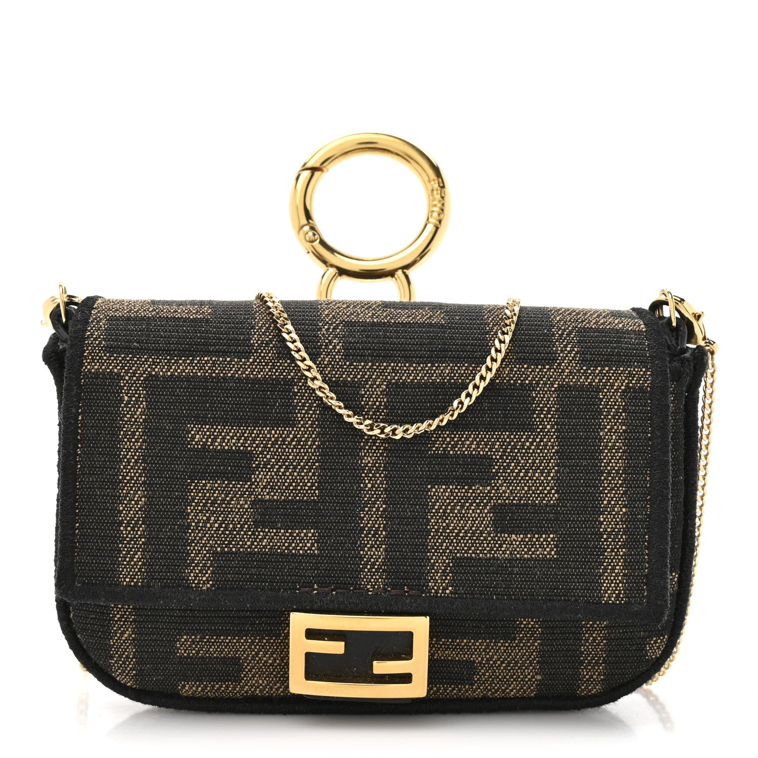 Fendi Glazed Fabric FF 1974 Nano Baguette Charm Mogano Panna 1 of 21