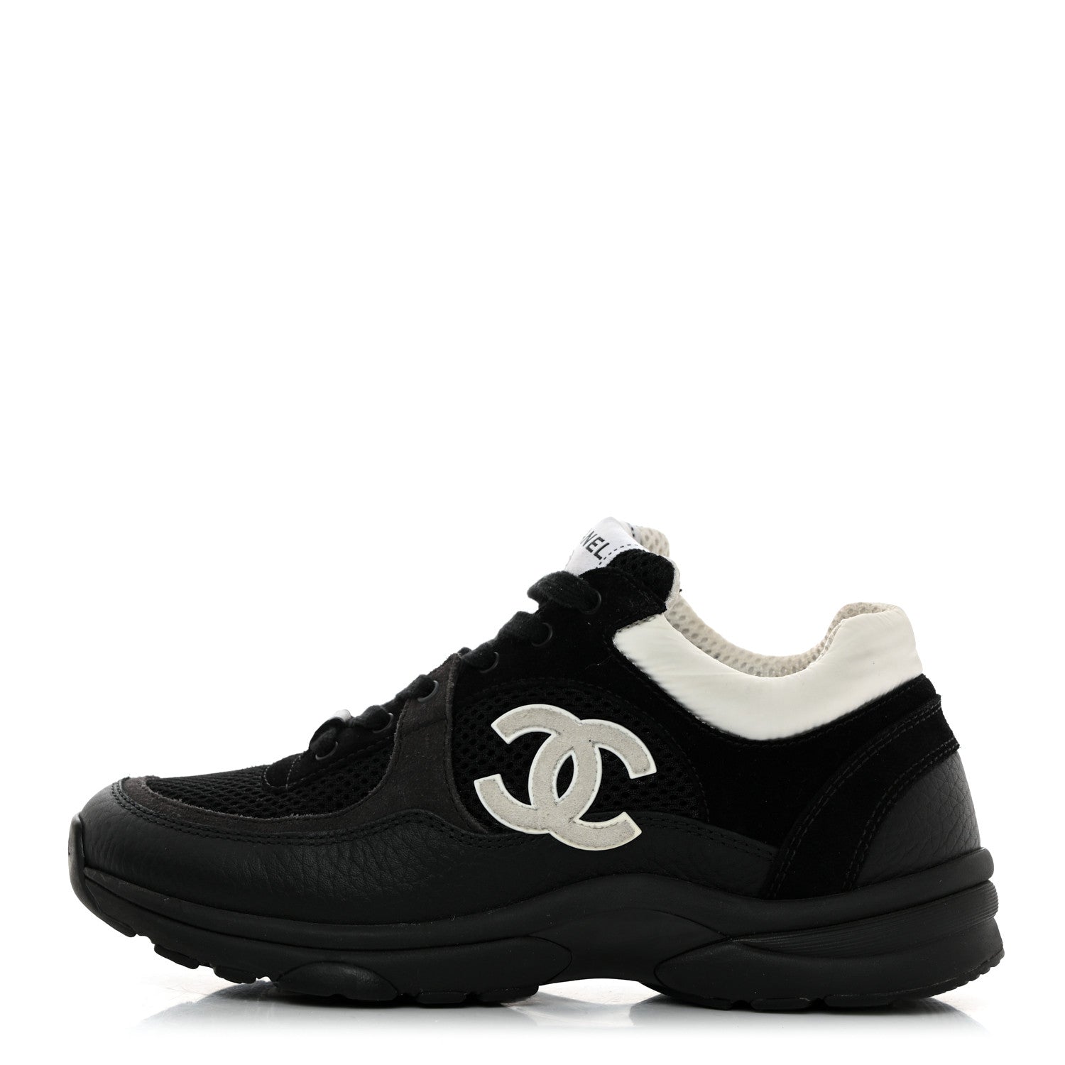 Chanel Mesh Suede Grained Calfskin Womens CC Sneakers 37 Black White 1 of 8