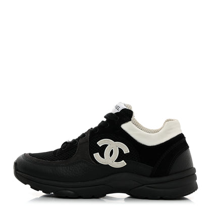 Chanel Mesh Suede Grained Calfskin Womens CC Sneakers 37 Black White 1 of 8