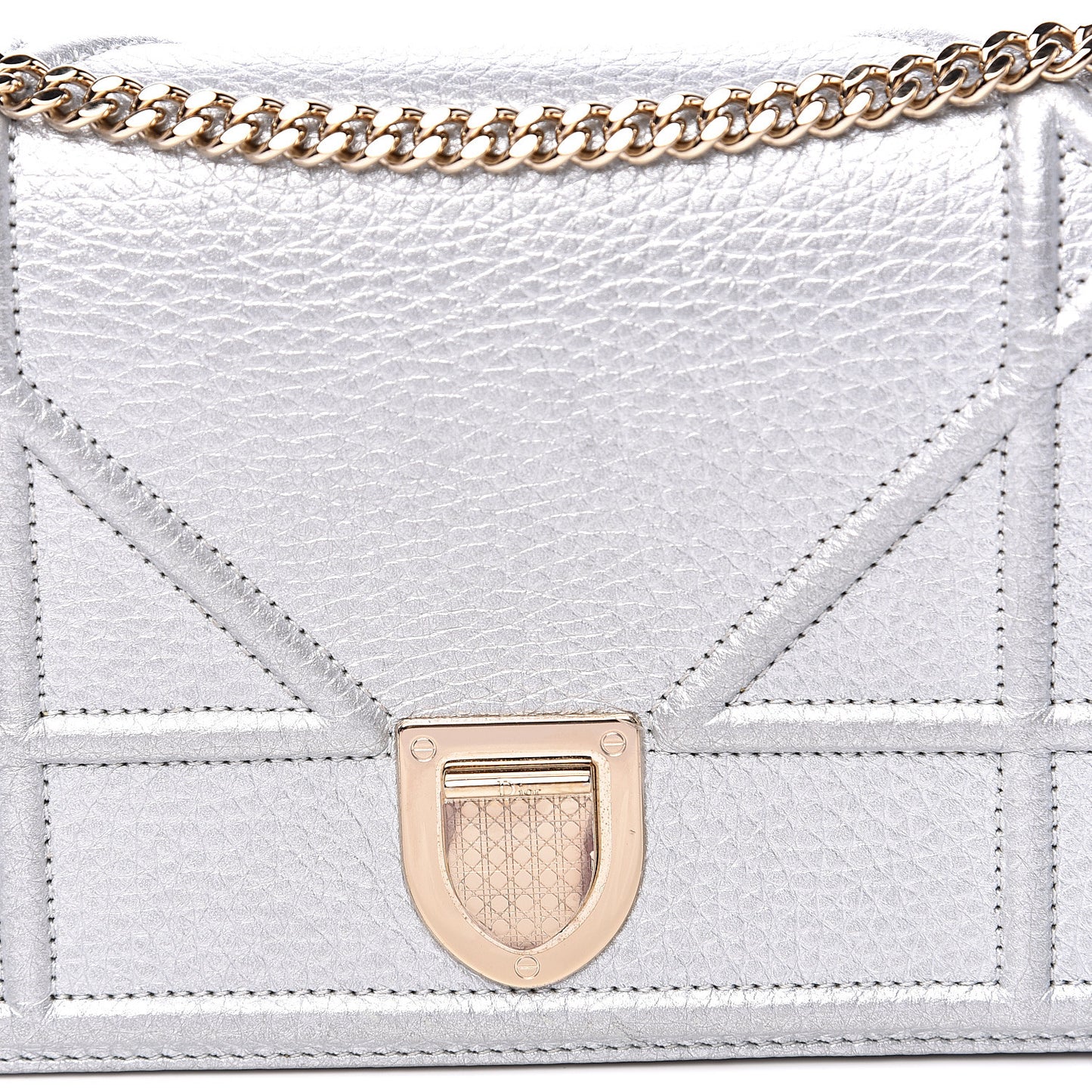Metallic Grained Calfskin Diorama Wallet on Chain Pouch Silver