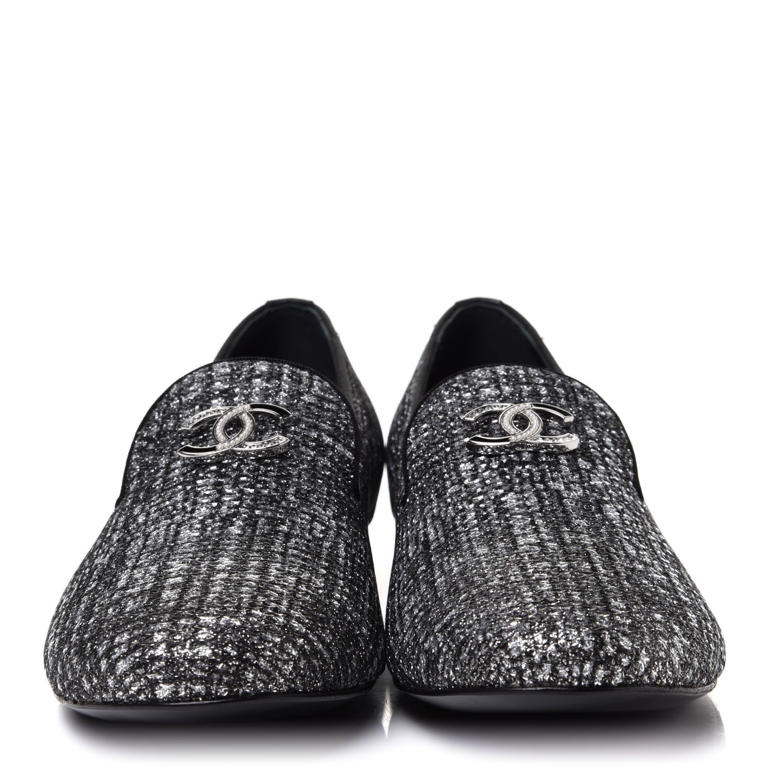 Chanel Fantasy Fabric Grosgrain CC Mocassin Loafers 41 Silver Black 2 of 9