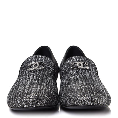 Chanel Fantasy Fabric Grosgrain CC Mocassin Loafers 41 Silver Black 2 of 9