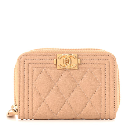 Chanel Caviar Quilted Boy Zip Around Coin Purse Wallet Beige 1 of 9