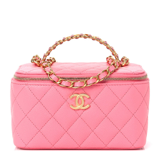 Shiny Caviar Quilted Pick Me Up Vanity Case Pink