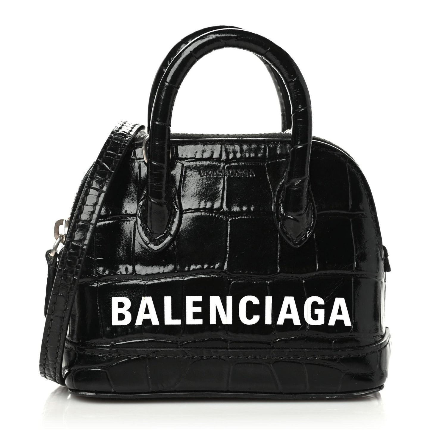 Shiny Calfskin Logo Crocodile Embossed Mini Ville Top Handle Bag Black