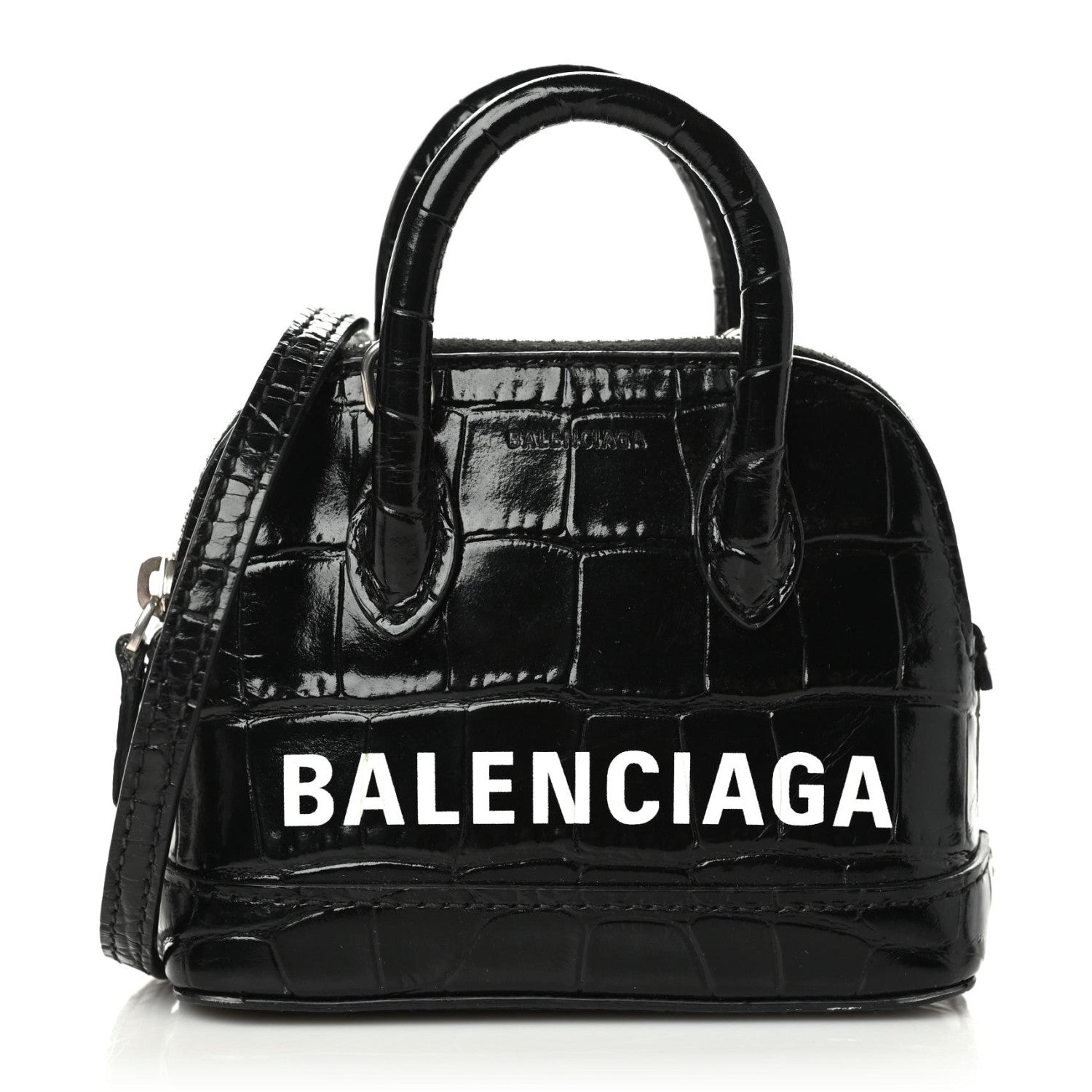Balenciaga Shiny Calfskin Logo Crocodile Embossed Mini Ville Top Handle Bag Black 1 of 8