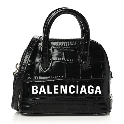 Balenciaga Shiny Calfskin Logo Crocodile Embossed Mini Ville Top Handle Bag Black 1 of 8