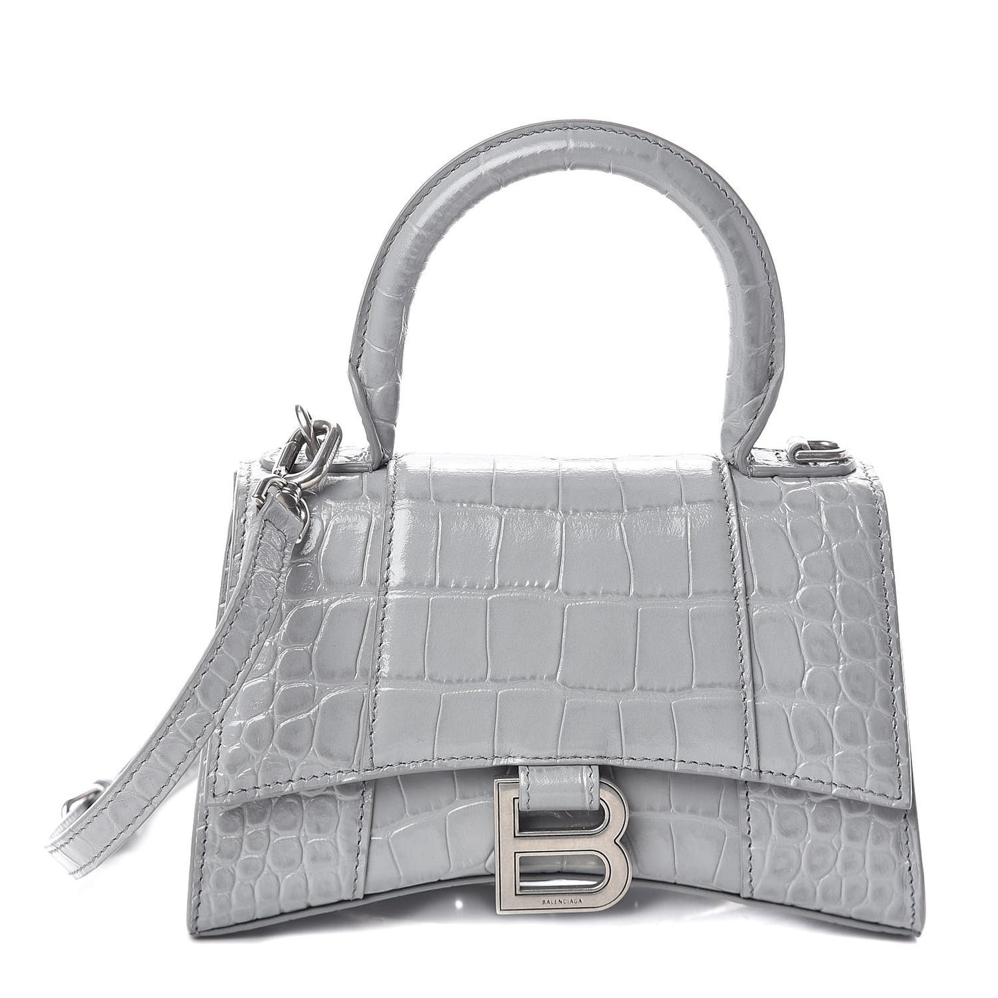 Shiny Calfskin Crocodile Embossed Hourglass Top Handle Bag XS Balenciaga Grey