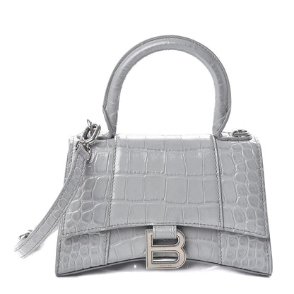 Balenciaga Shiny Calfskin Crocodile Embossed Hourglass Top Handle Bag XS Balenciaga Grey 1 of 9