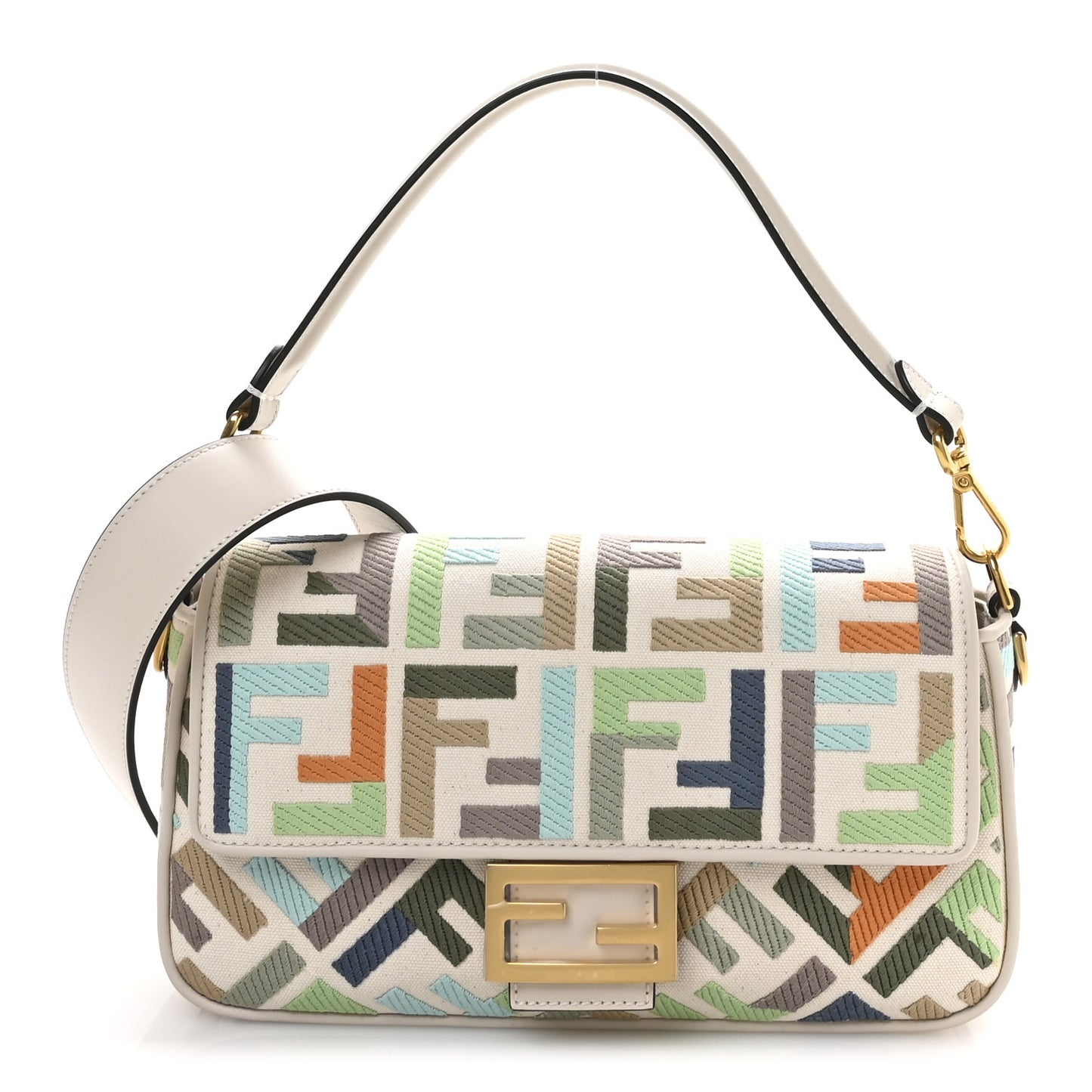 Canvas Vitello Seta FF Multicolor Embroidered Baguette Grezzo Multicolor Latte