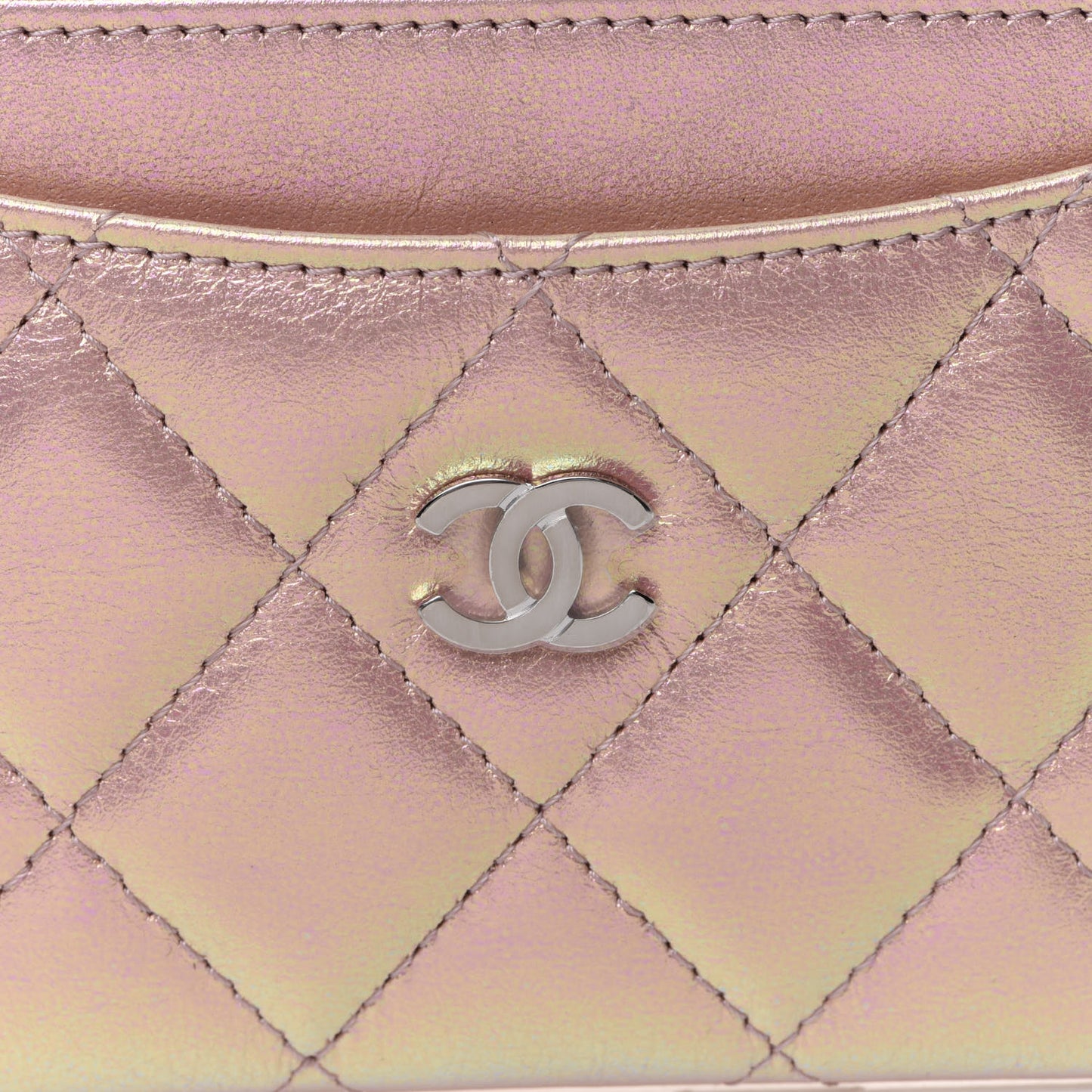 Iridescent Calfskin Quilted Card Holder Pink