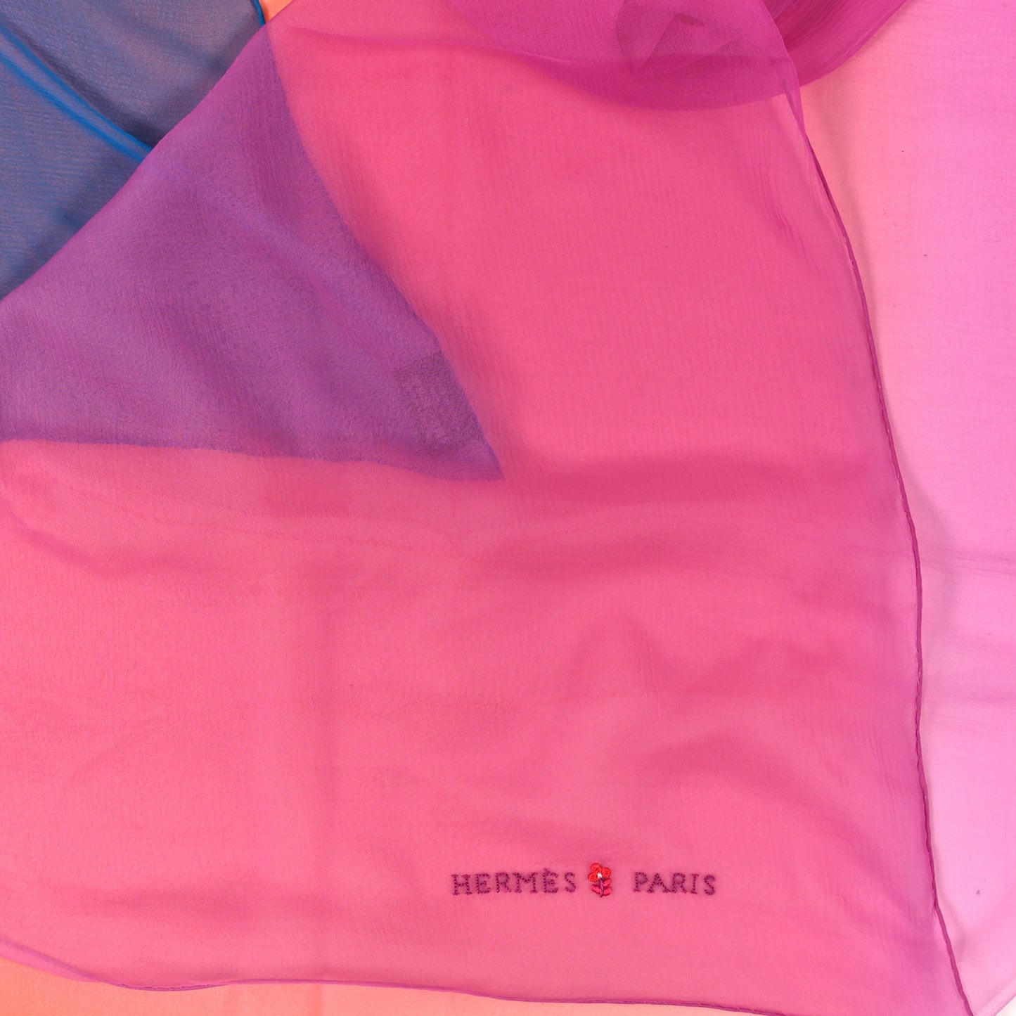 Silk Mousseline Sunrise Rainbow Shawl 140 Bleu Orange Rose