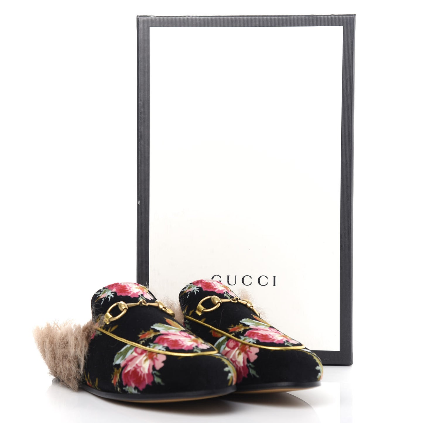 Velvet Fur Floral Womens Princetown Slippers 36.5 Black