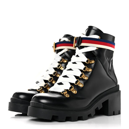 Gucci Calfskin Sylvie Web Womens Lace Up Combat Boots 36 Black 3 of 7