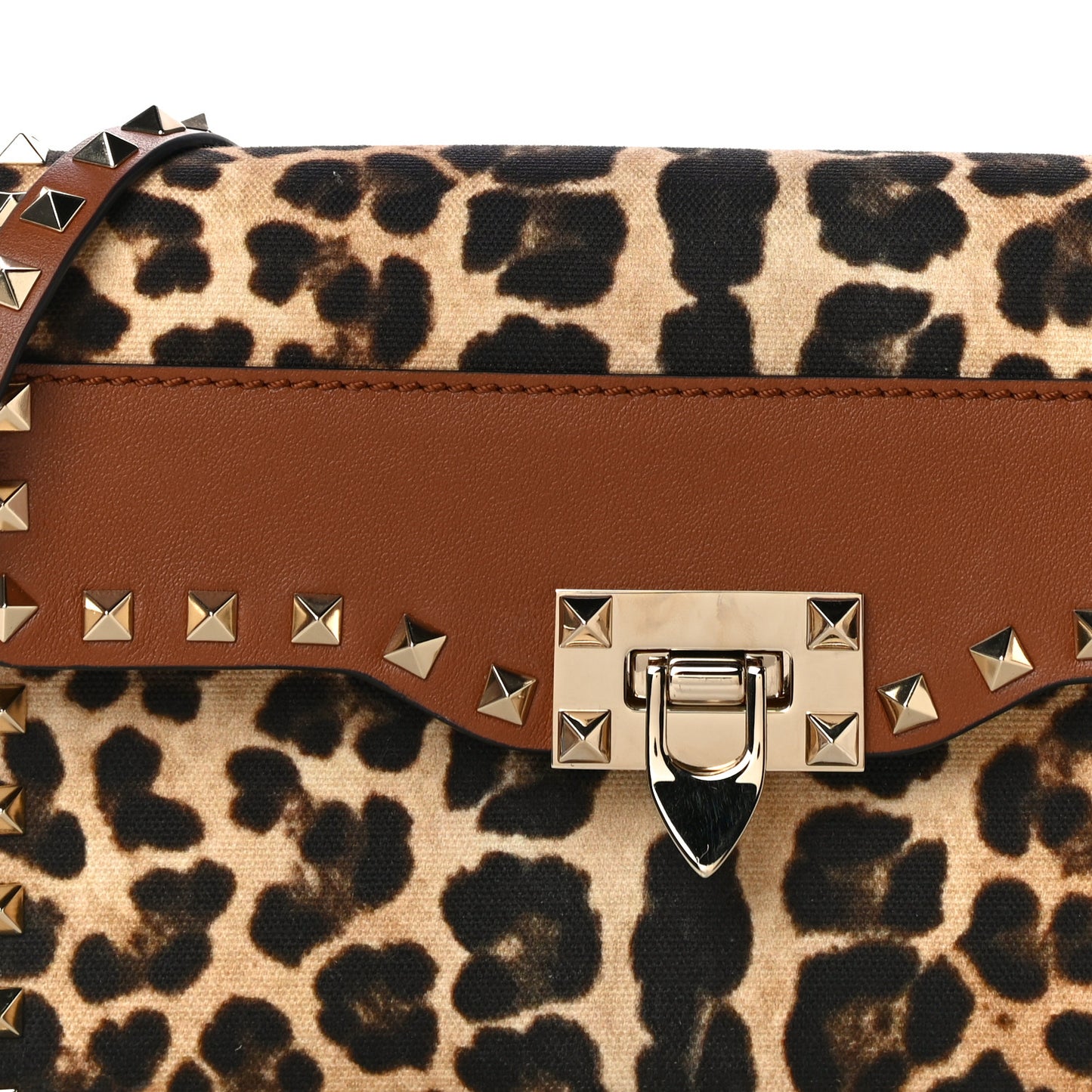 Calfskin Canvas Leopard Print Medium Rockstud Flip Lock Crossbody Bag Tan