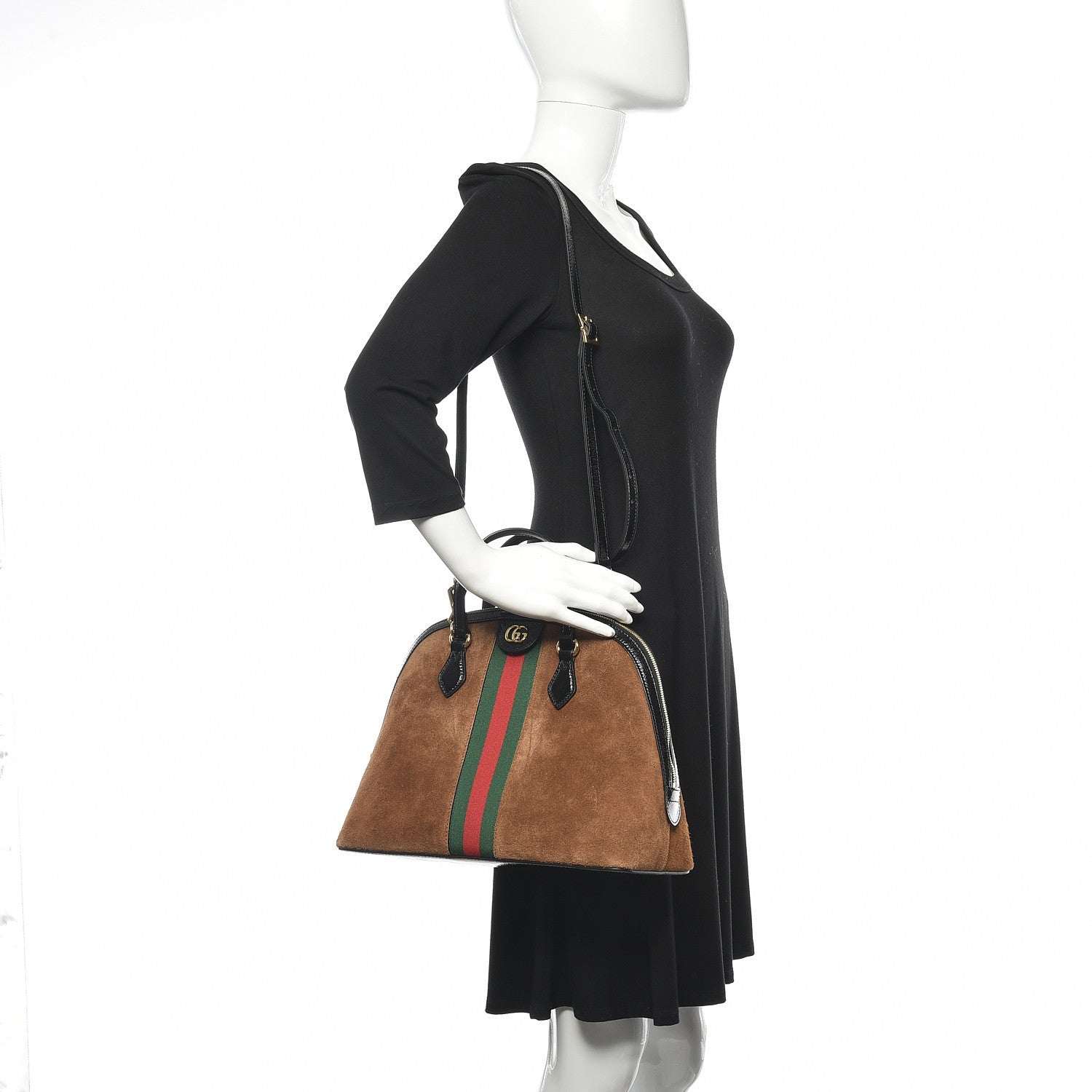 Gucci Suede Patent Web Medium Ophidia Top Handle Dome Bag Nocciola Black 2 of 9