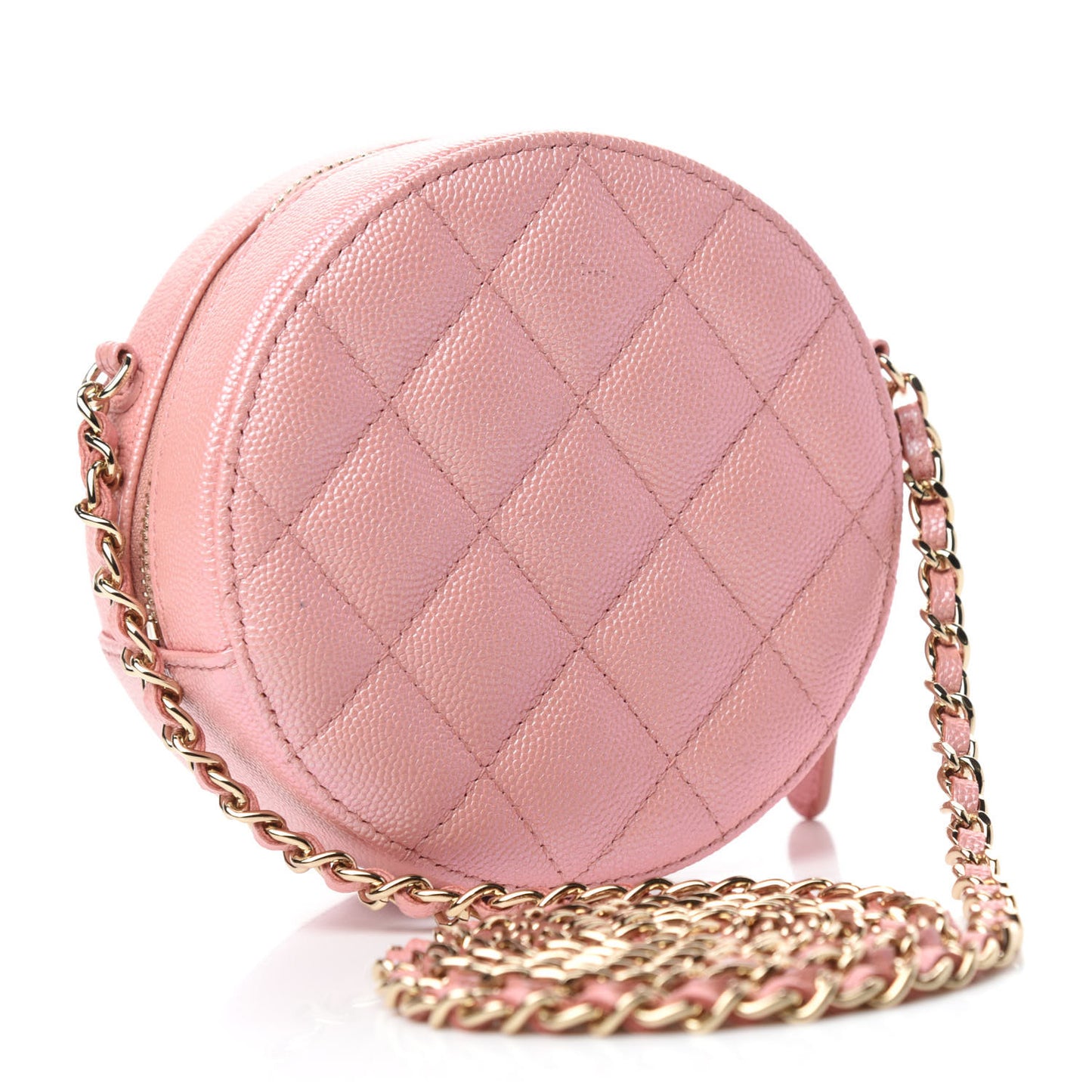 Iridescent Caviar Resin Quilted Round Clutch With Chain Pink