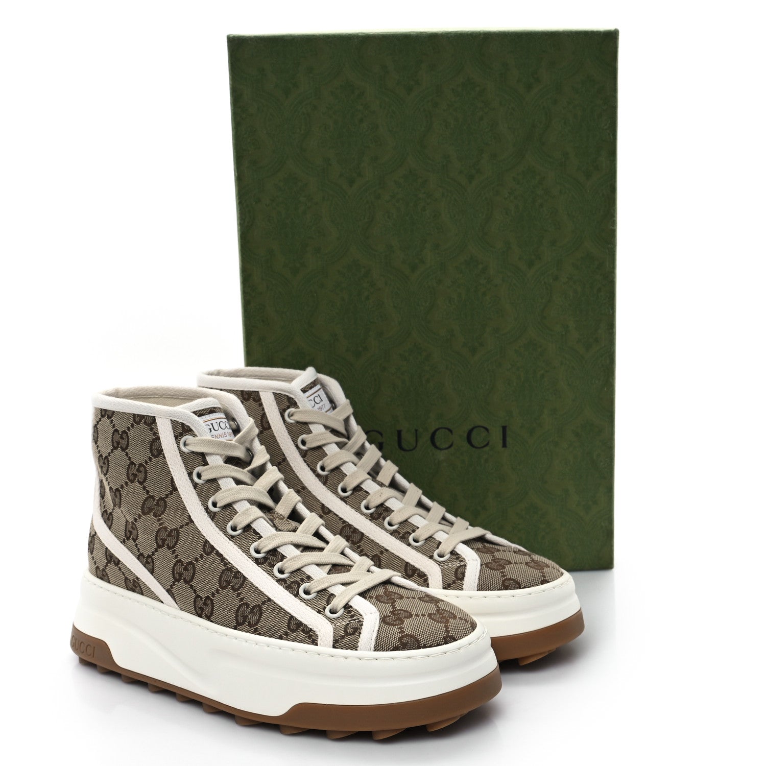 Gucci New Canvas GG Monogram Womens Tennis 1977 High Top 55mm Platform Sneakers 38.5 Beige Ebony Mystic White 9 of 9