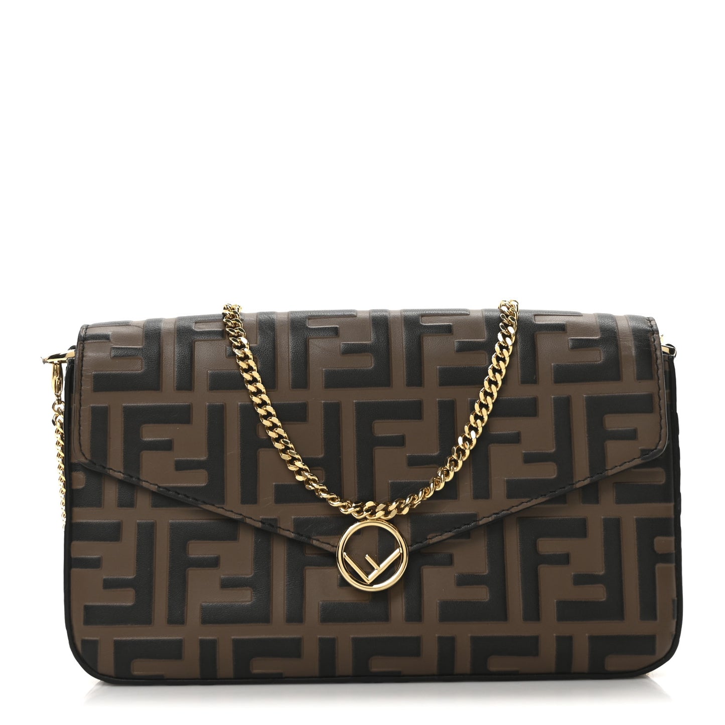 Vitello Soft F is Fendi Bi-Color FF 1974 Embossed Envelope Wallet On Chain with Pouches Maya Black