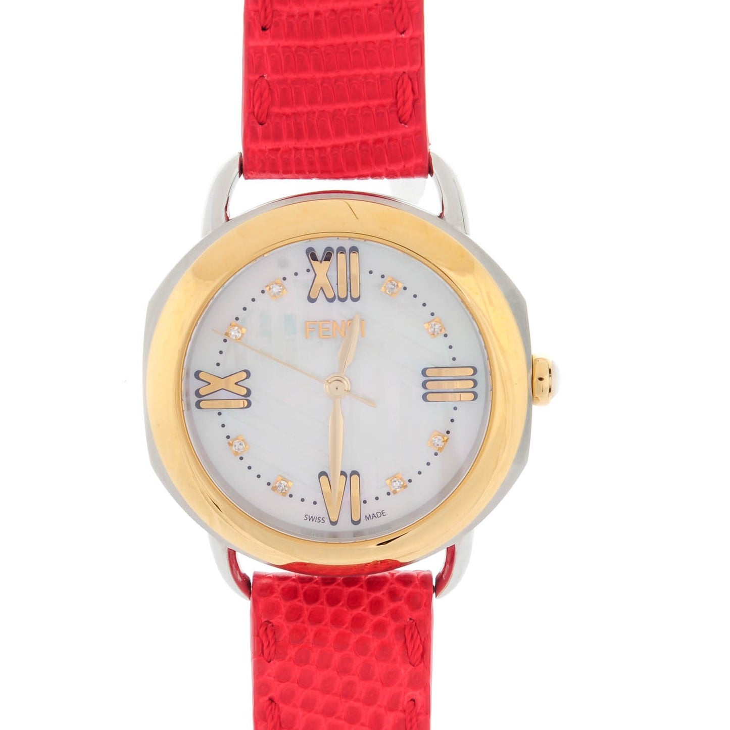 Stainless Steel Calfskin Diamond Mother of Pearl 36mm Selleria Quartz Watch Red