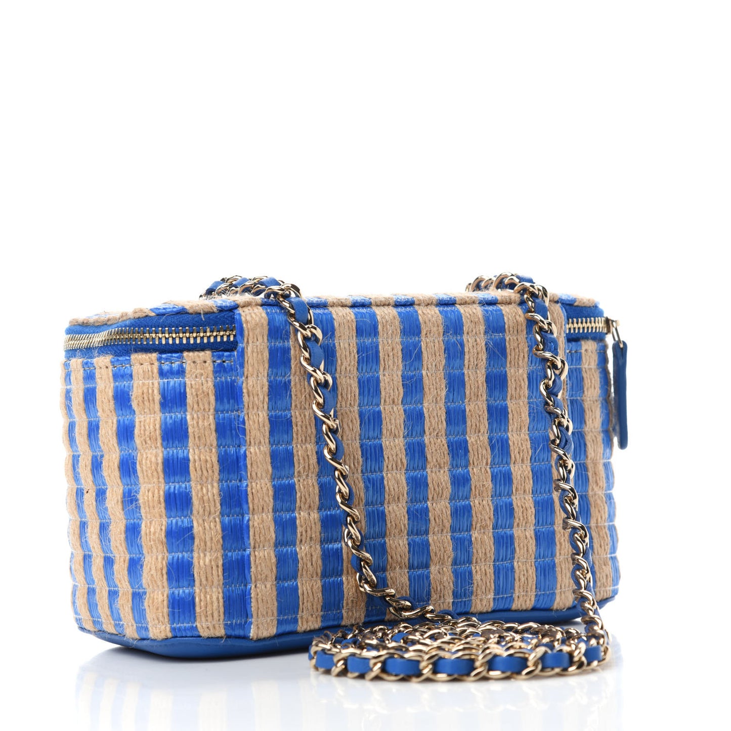 Raffia Jute Striped Small Vanity Case With Chain Blue Beige