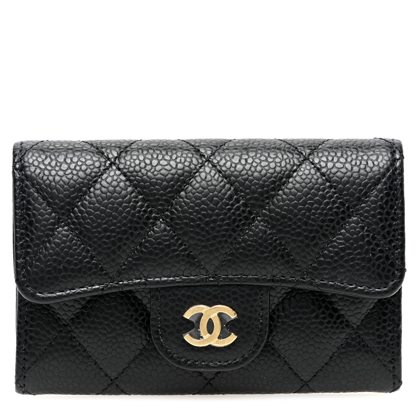 Caviar Quilted Flap Card Holder Wallet Black