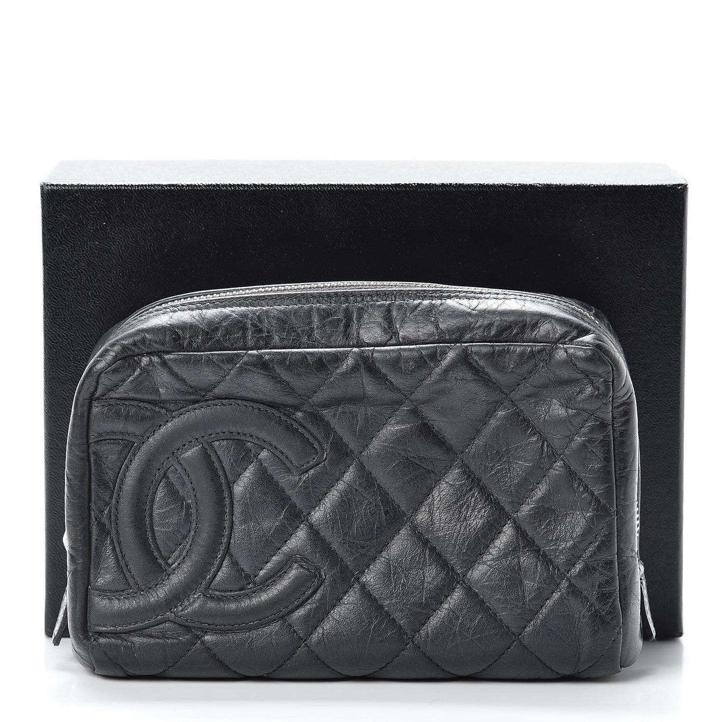 Distressed Calfskin Cambon Cosmetic Case Black