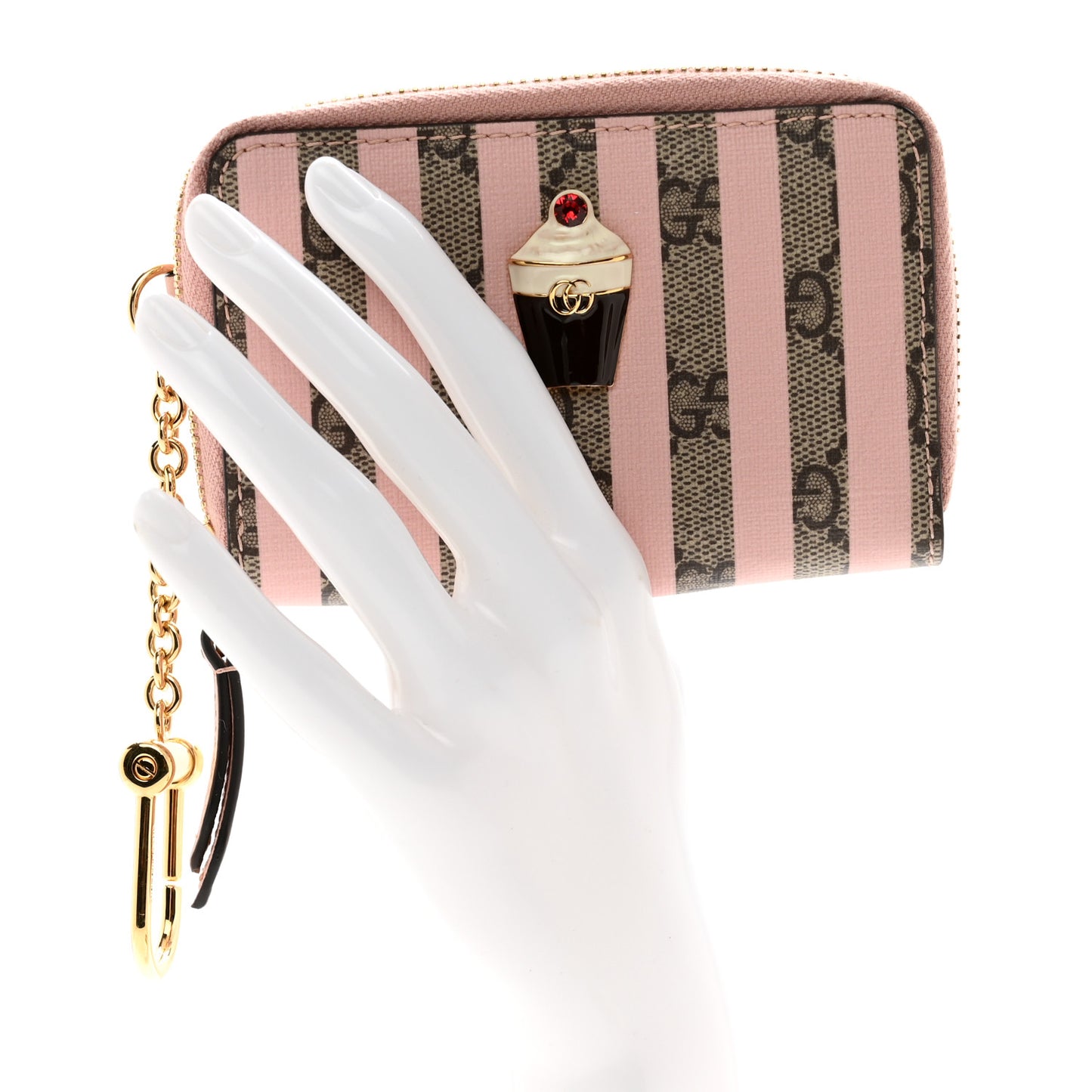 GG Supreme Monogram Vitello Eclipse Ice Cream Stripes Zip Around Card Case Wallet Beige Ebony Perfect Pink