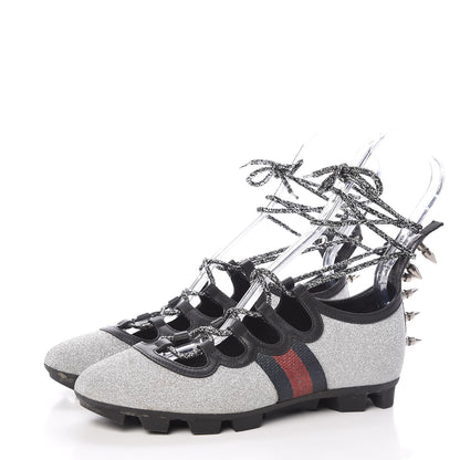 Gucci Nappa Sparkle Studded Web Lace Up Titan Sneakers 37.5 Argento 3 of 10