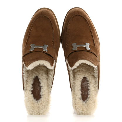 Hermes Suede Goatskin Woolskin Flore 60 Mules 38 Brun Amourette Ecru 2 of 9