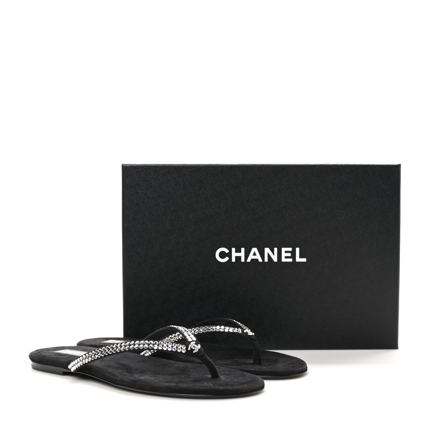 Suede Kidskin Strass CC Thong Sandals 40 Black