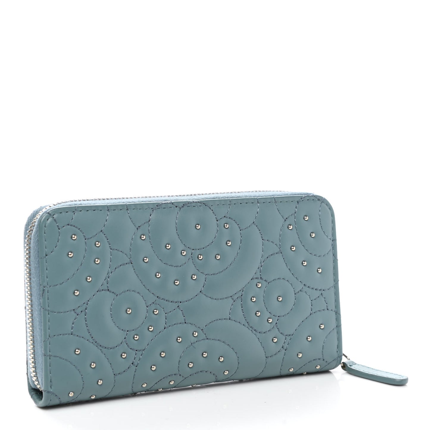 Lambskin Camellia Embossed Studded Medium Zip Around Blue