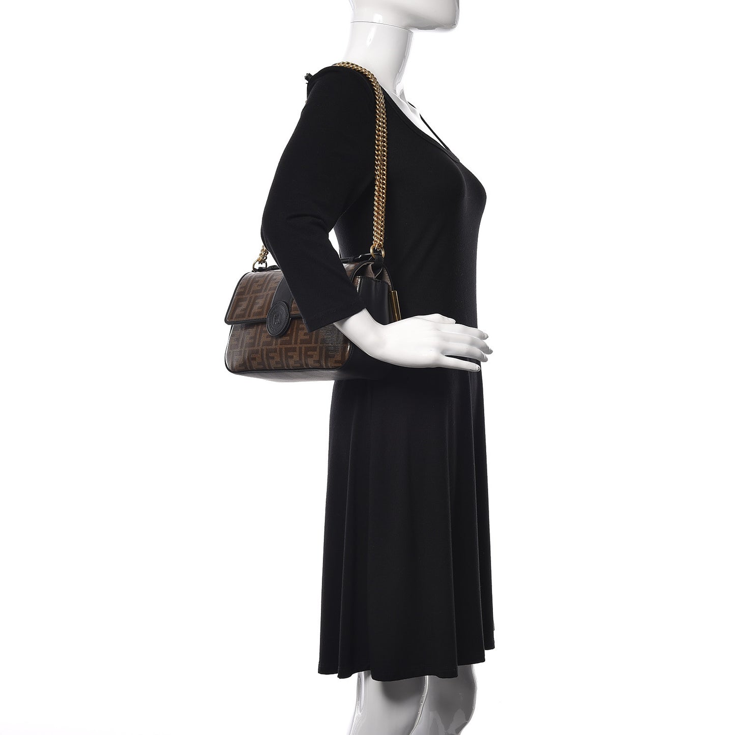 Vitello Grace Glazed Fabric FF 1974 Double F Shoulder Bag Black Mogano Panna