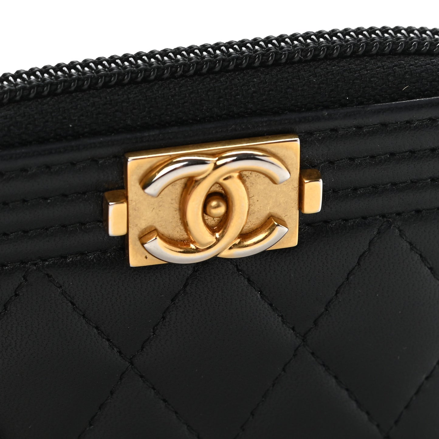Lambskin Quilted Zip Around Boy Coin Purse Wallet Black