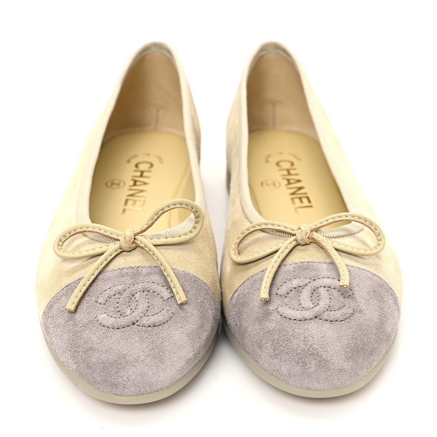 Chanel Suede Cap Toe CC Ballerina Flats 36.5 Light Yellow Gray 3 of 9